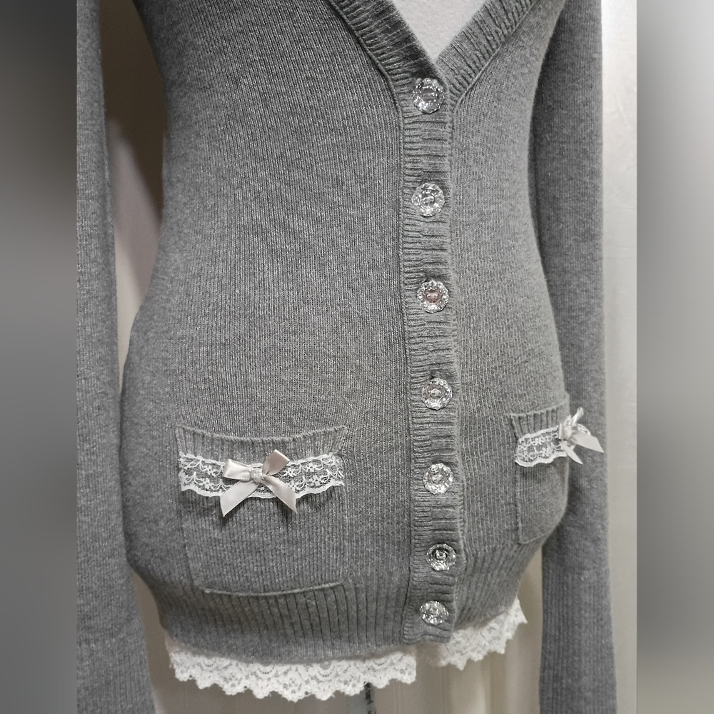 ♡ Y2K ♡ Hollister Grey Rabbit Hair Blingy Button Babydoll Cardigan Sweater - Picture 4 of 10